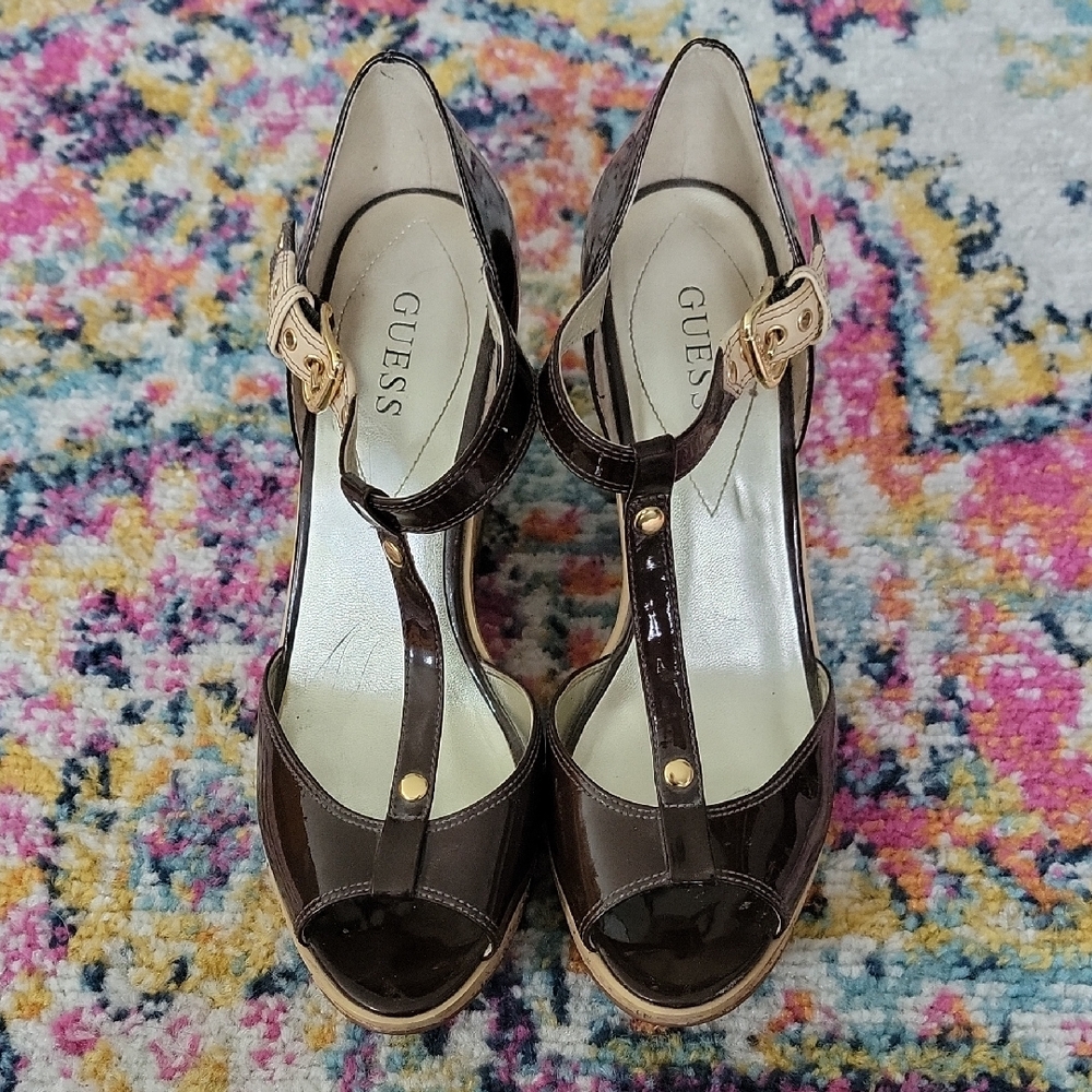Guess Brown T-Strap Heels with Vintage Charm